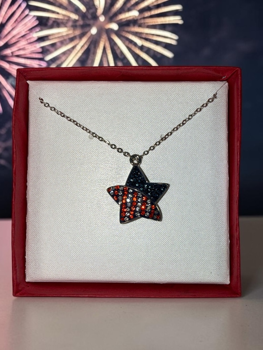 Silver Star Pendant Necklace with Red & Blue Crystal Accent - Women Jewelry